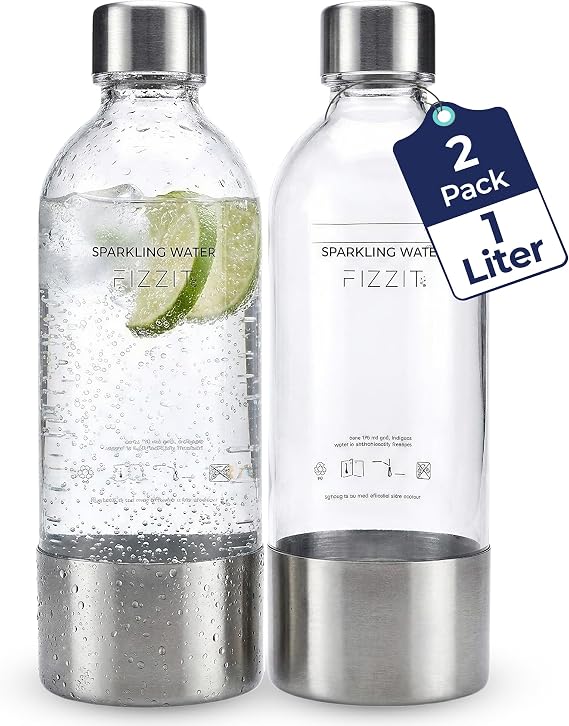 FIZZ IT Value Pack of 2 BPA-Free 1L PET Bottles for Soda Makers, Compatible Most Brands, Hermetically Sealed Caps, Eco-Friendly, Reusable