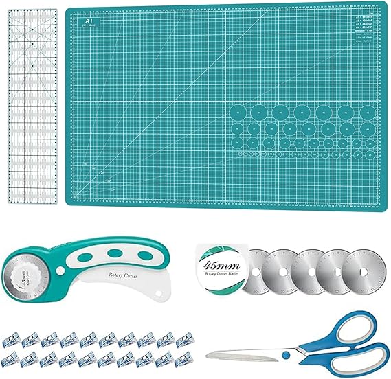 Rotary Cutter Set Green- Quilting Kit incl. 45mm Fabric Cutter, 5 Extra Rotary Blades, A1 Self Healing Cutting Mat, Acrylic Ruler and Sewing Clips, Scissors, Ideal for Crafting, Sewing, Patchworking
