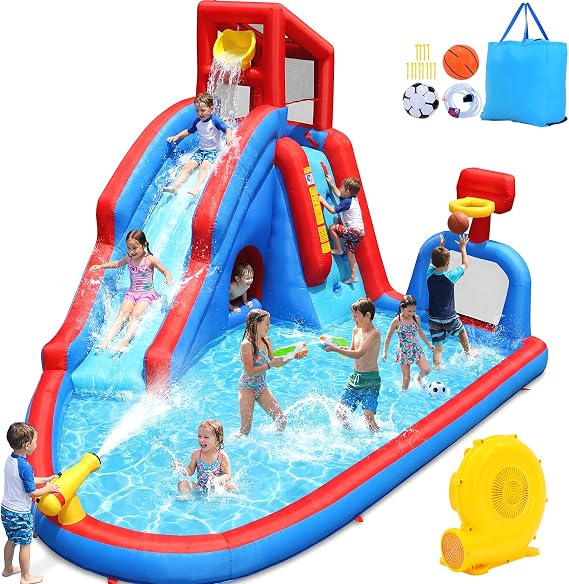 Whubefy Inflatable Water Slide for Kids Backyard, 14.2Ft Waterslide Park Bounce House W/Big Pool, Slide, Soccer Field, Dump Bucket, Obstacle Tunnel, 9in1 Blow Up Water Slides Inflatables for Kids Gift