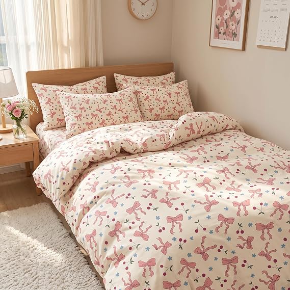 Bow Twin Comforter Sets,Pink Bedding Sets 2Pcs with Cherry Pattern