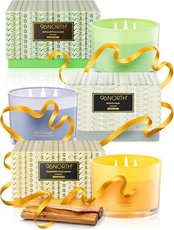 96NORTH Luxury Palo Santo + Pine and White Sage Candles | 3 Wick Jar Candles | Relaxing Aromatherapy Aesthetic Candle