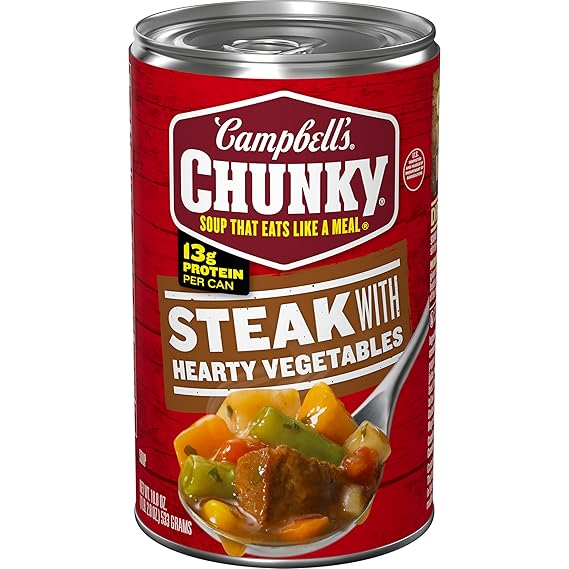 Campbells Chunky Soup, Steak With Hearty Vegetables Soup, 18.8 Oz Can