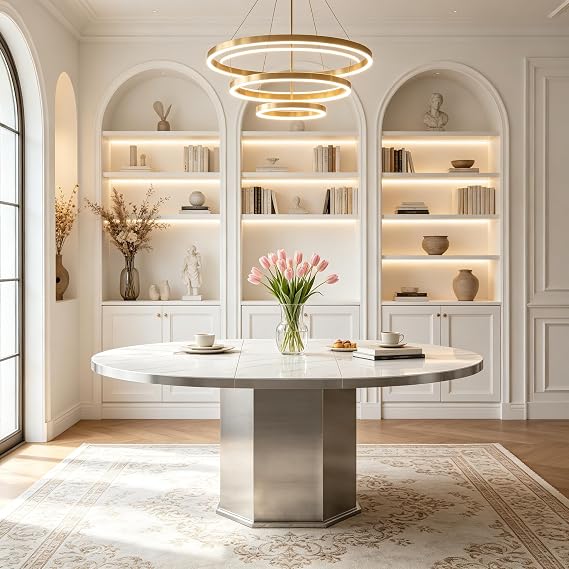 Modern 47"-63" Round White Faux Marble Extendable Dining Table for 4-6, Luxury Round Dining Room Table, Kitchen Dinner Tables with Marble Veining Tabletop and Mirror Acrylic Base for Kitchen