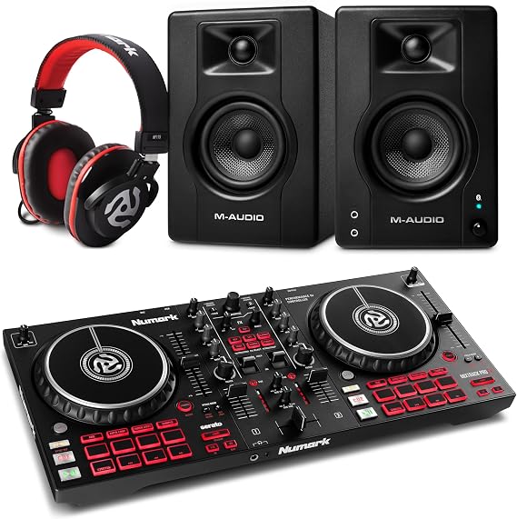 Numark Mixtrack Pro FX DJ Controller and M-AUDIO BX4 Pair Bluetooth Studio Monitors with Headphones for Studio Recording, Music Production, Podcasting, Streaming