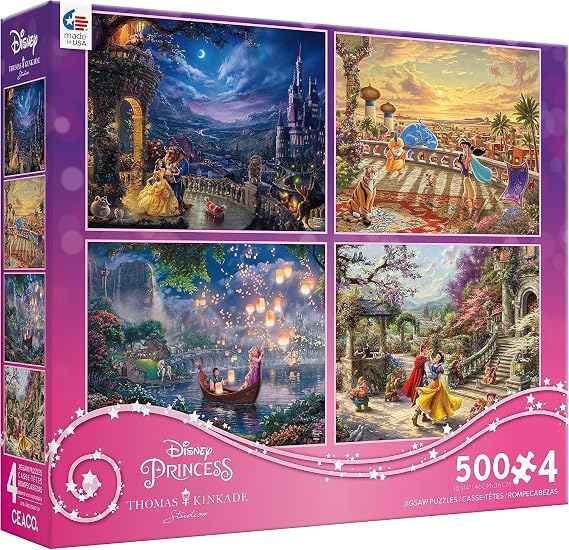 Ceaco - Thomas Kinkade Disney Princess - 4 Pack 500 Piece Jigsaw Puzzles | Thomas Kinkade Disney Art, Made in USA, Recycled Board, Finished Size 21 x 15 in, Includes Poster, Frameable Art, Giftable