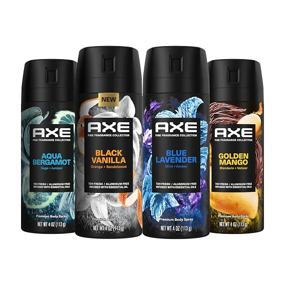 AXE Fine Fragrance Collection Premium Deodorant Body Spray for Men - Variety Pack - Blue Lavender, Aqua Bergamot, Golden Mango, Black Vanilla - Pack of 4 72H Odor Protection, Aluminum Free, 4 oz