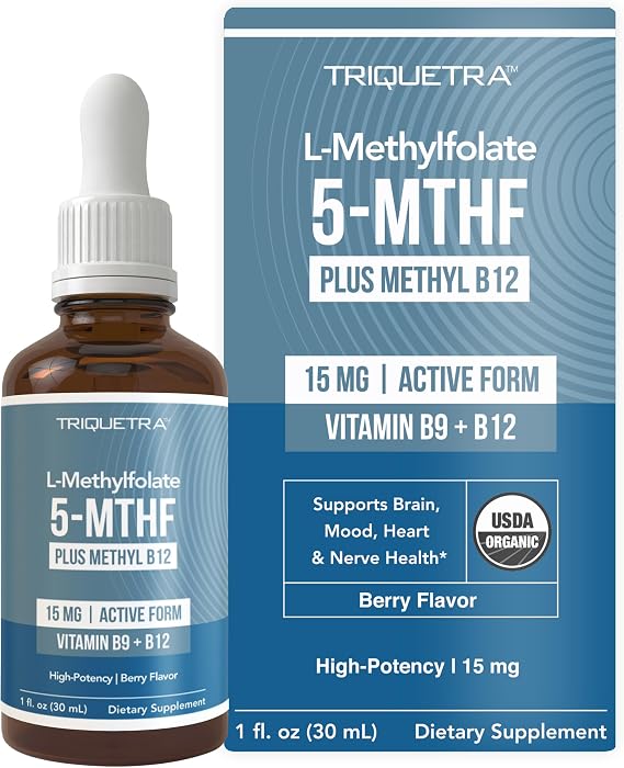 L Methyl Folate 15mg Plus Methyl B12 Cofactor Organic Berry Flavor, High Potency Liquid Sublingual Active 5-MTHF Form - Supports Mood, Methylation, Cognition Bioactive Forms Vitamin B9 & B12 (1oz)