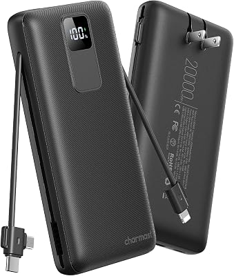 charmast Portable Charger 20000mAh with Wall Plug, Fast Charging Power Bank USB C, 20W PD Battery Pack with Built-in Cables Travel Essential for iPhone 161514, Samsung, iPad More Devices Black