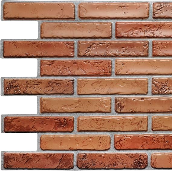 Dundee Deco PG7060 Dark Red Natural Faux Bricks, 3.2 ft x 1.6 ft, PVC 3D Wall Panel, Interior Design Wall Paneling Decor, 5.2 sq. ft.