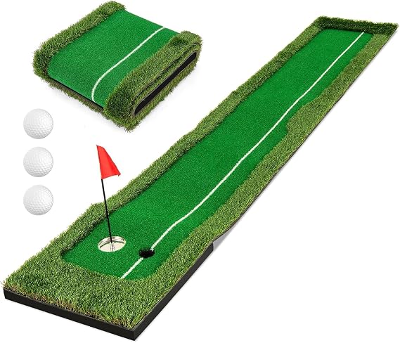 COSTWAY 10FT Premium Putting Green, Professional Golf Practice Mat with Artificial Grass Turf, 3 Golf Balls and 2 Holes, Indoor Outdoor Golf Training Mat
