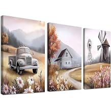 Hzddty Canvas Wall Art Rustic Farmhouse Old Truck Barn with Flowers Country Landscape for Home Decor, Windmills Country Farmhouse Living Room Decor 3-Panel Canvas Art (12" Hx18 W x3)