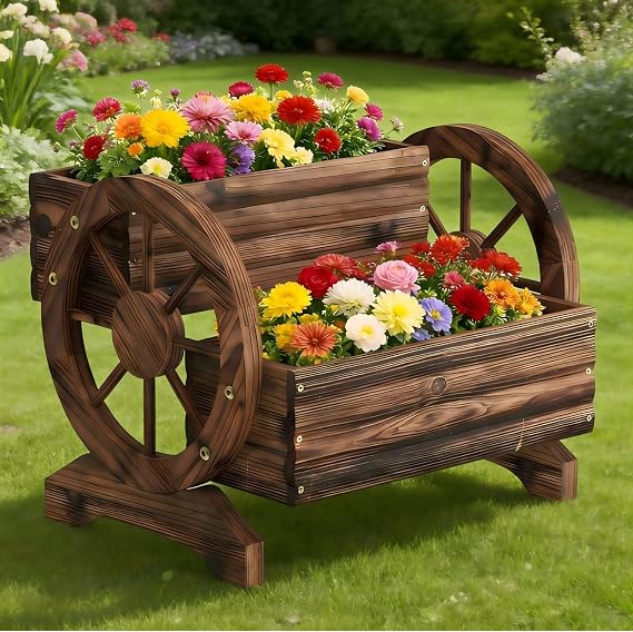 Wooden Wagon Planter Cute Garden Flower Pots Cart with wheels, Outdoor Decoration decor Indoor, Drainage hole, Garden decor for succulents herbs veggies for porch patio balcony (Carbonized, Medium)