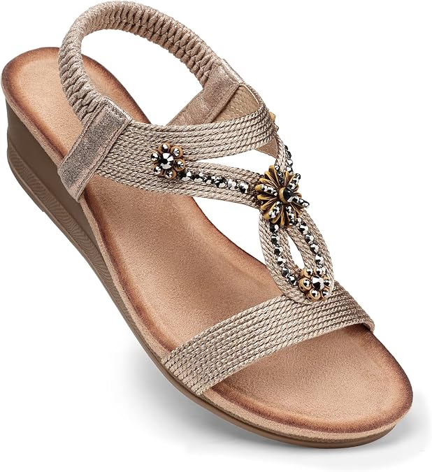 SHIBEVER Womens Wedge Sandals Dressy: Comfortable Low Heels Sandals Summer | Elastic Back Strap, Open Toe, with Cushioning, Arch Support Casual Dress Shoes for Walking Beach Travel Vacation Size 5-12