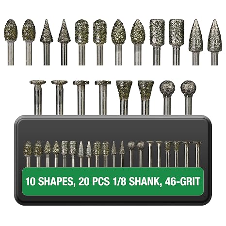 Diamond Burr Bits 20-Pc 1/8" Shank 46 Grit for Dremel Rotary Tool