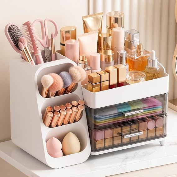 Large Capacity Makeup Organizer Countertop with Makeup Brush Holder for Vanity, Thickened Material, Bathroom Countertop Organizer Skin Care Perfumes Storage, Teen Girl Gifts for 12-23 Year(white)