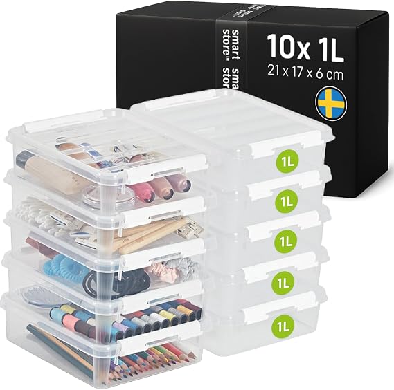 SmartStore - 10x Plastic Storage Box with Lid Classic 1L (21x17x6cm) |Storage Drawers|Food-Safe Material|Kitchen & Organisation|BPA-Free|Durable Container for Home & Office|