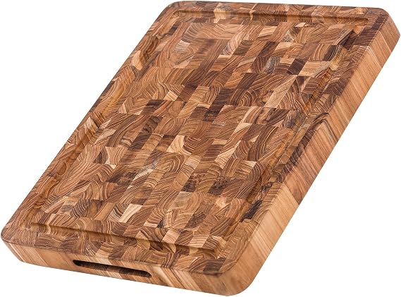 TeakHaus End Grain Cutting / Serving Board with Hand Grip + Juice Canal Rectangle | 16" x 12" x 1.5"