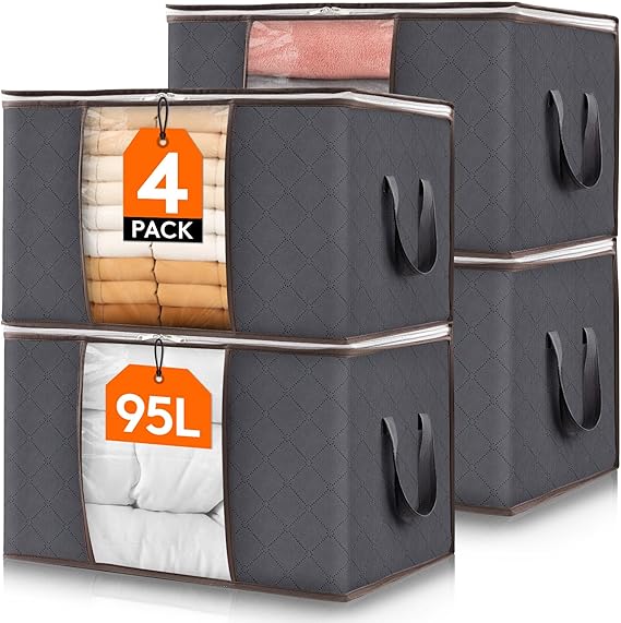 Lifewit 95L Clothes Storage Bags, Foldable Storage Box Moving Bags Wardrobe Storage Organiser Packing Boxes for Moving House with Clear Window for Clothing Bedding Blankets, Grey, 4 Pack