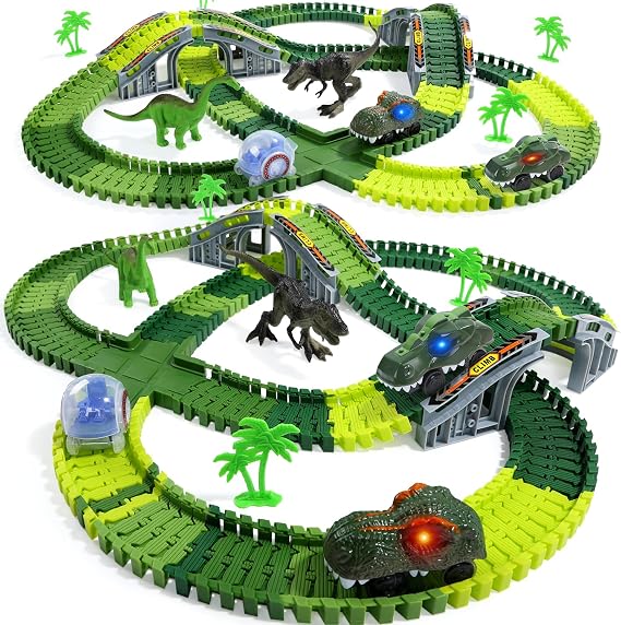 EagleStone 233PCS Dinosaur Race Track Set with Flexible Track for Kids | with 2 Light-Up Electric Dino Cars, 2 Dinosaur Figures, Christmas and Birthday Gift for Kids Ages 3-8