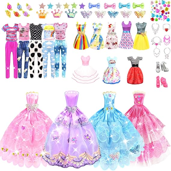 75Pcs Doll Clothes and Accessories Fashion Design kit for 11.5 Inch Doll Including 2 Wedding Gown Dresses 3 Fashion Dress 2 Party Dress 8 Mini Skirts 3 Tops and Pants 10 Shoes 6 Necklaces