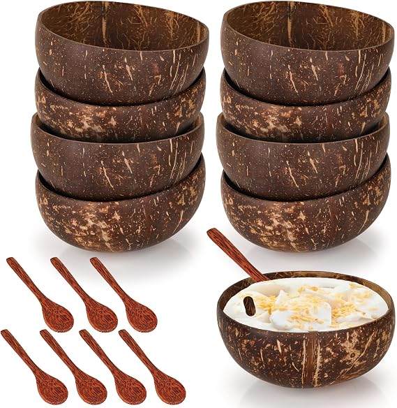 8 Pcs Wooden Coconut Bowls and Spoons, 350 ml Coconut Shell Bowls | Natural Coconut Bowls with 8 Wooden Spoon, Polished Coconut Bowl for Vegan Organic Salad, Milk Shake, Fruit, Dessert, Drinks