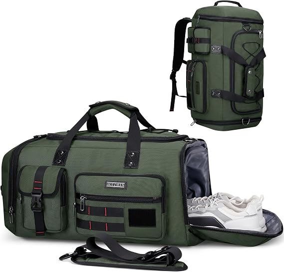 WITZMAN Duffle Bag for Men 3 in 1 Convertible 40L Nylon Gym Travel Backpack | Multi-pockets with Shoe Compartment and Dry-wet Pocket, One Duffel Bag for Sports, Weekender, Overnight, B693 Army Green