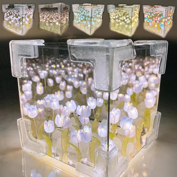DIY Tulip Flower Cube Mirror Night Light, DIY Tulip Cube Mirror Lamp, DIY Tulip Flower Lamp, Tulip Night Light, Decorative Night Lamp Bedside Table Lamp Bedroom Decor Purple