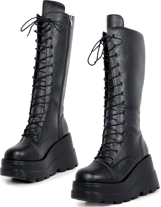 Gothniero Women Black Platform Goth Boots Knee High Chunky Heel Gothic Boot Women Black Combat Motorcycle Booties Round Toe with Zip 3UK-8UK