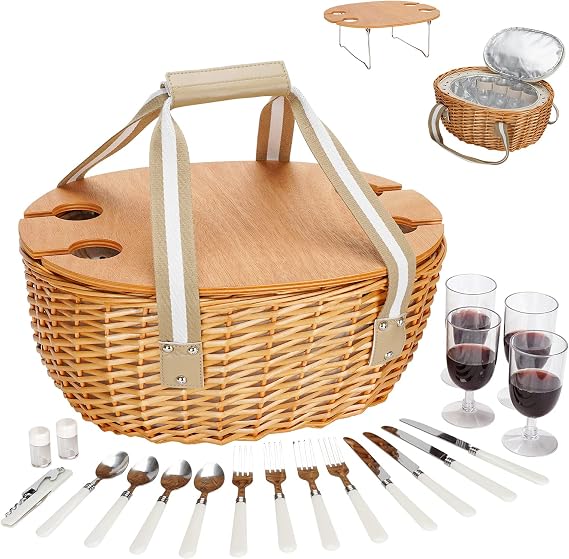 Picnic Basket for 4, Beige | Wicker Picnic Set with Wine Table, Willow Baskets Set, Large Insulated Cooler Bag, For Camping, Outdoor, Christmas, Party