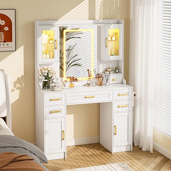 White Vanity with Mirror and LED Lights, Large Makeup Table Set with 2 Display Cabinets, 6 Drawers & 2 Storage Cabinets for Bedroom Dressing Room