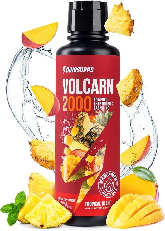 Volcarn 2000 L-Carnitine Liquid Energy, Tropical Blast, 32 Servings | Energy booster and ATP supplement with GBEEC; Enhances focus; Caffeine-free, no artificial sweeteners