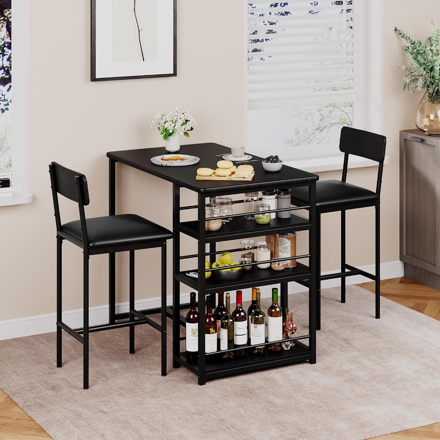 Bartisch Set 3-Teilig Bartisch Mit Barhocker Set Küchentisch Mit Stühlen Für Küche Esszimmer Bistro Etc. Esstisch Und 2 Stühle Mit Rückenlehne Und Polsterung Schwarz