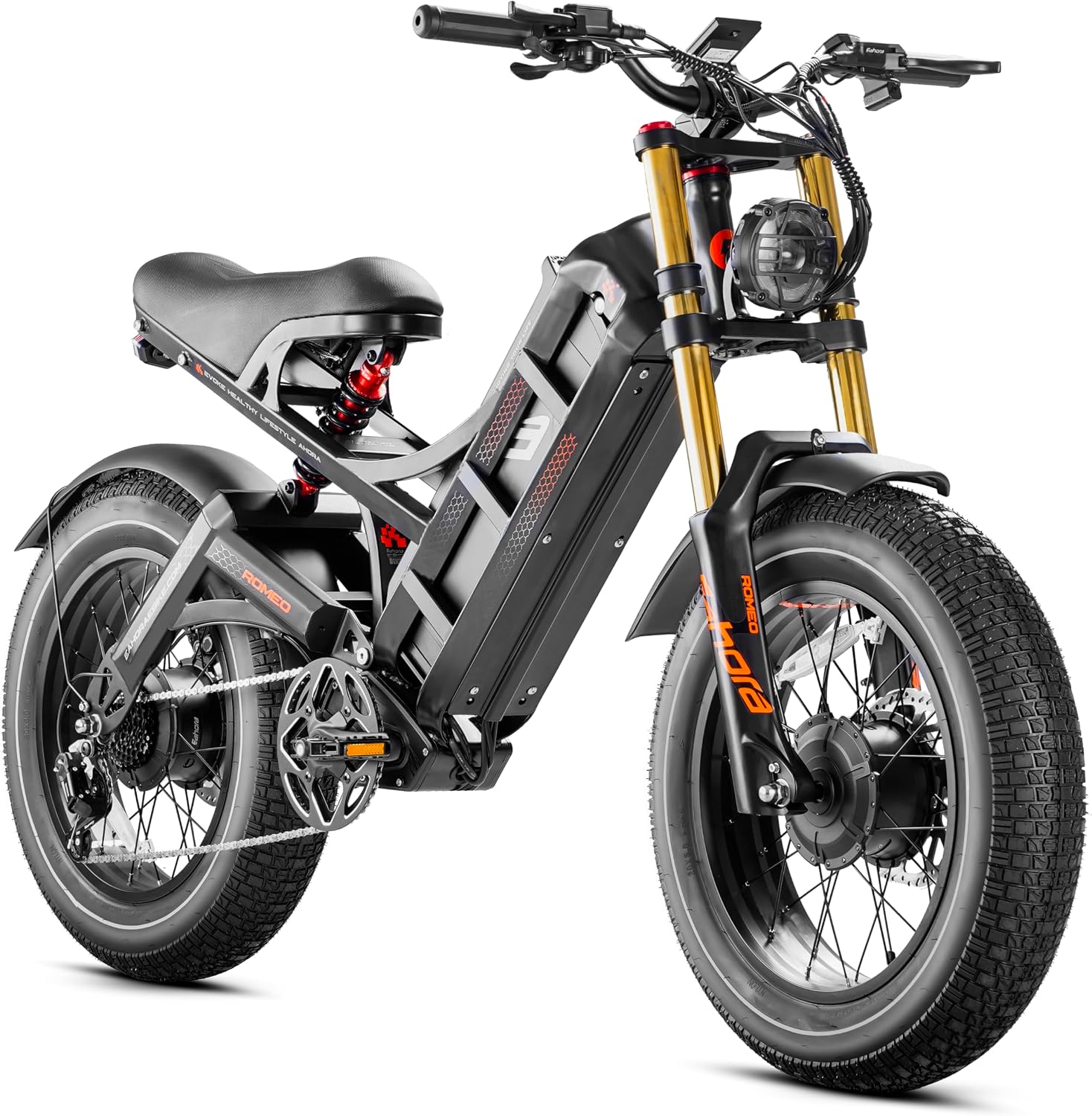 Romeo Pro ⅡRomeo Pro 2024 Newest Upgraded 60Ah 3000WPeak 1600W Electric Bike for Adults 100-200 Miles Long Range Electric Bike Fat Tire Electric Bike Full Suspension Electric Mountain Bike