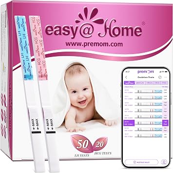 Easy@Home 50 Ovulation Test Strips and 20 Pregnancy Test Strips, Ovulation and Pregnancy Test Kit Powered by Premom Ovulation Predictor iOS and Android App
