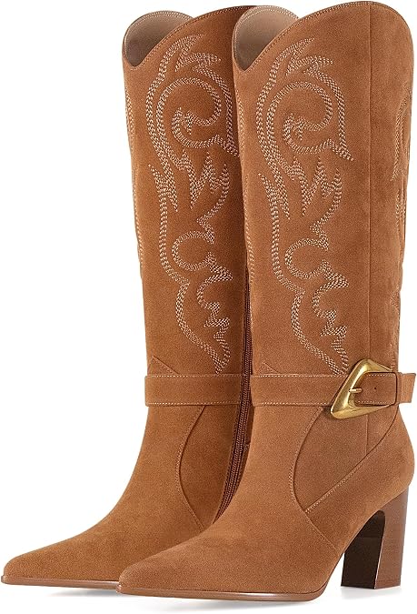 LACIKOSZ Western Cowboy Boots for Women - Knee High Calf Cowgirl Boots with Classic Embroidered with Gold Buckle, Slip On Pointed Toe Chunky Heel Fashion Retro Classic Faux Leather Pull On Tall Boot