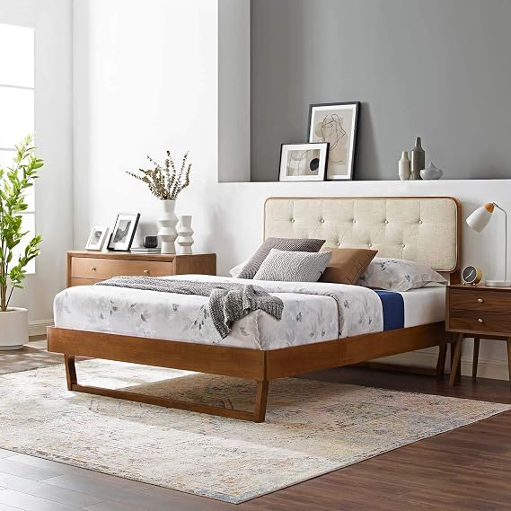 Modway MOD-6645-WAL-BEI Bridgette Twin Wood Platform Bed with Angular Frame, Walnut Beige