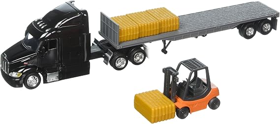 New-Ray 1:43 Long Haul Trucker - Peterbilt Model 387 Low Boy with Forklift and Hay Bales, Multi