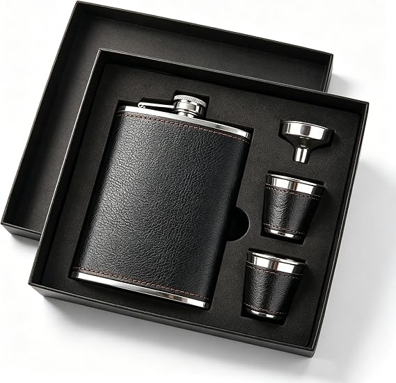 Hip Flask Gift Set, Hip Flasks for Liquor for Men with Black Leather Cover, 8 Oz Hip Flask Set, 18/8 Stainless Steel Hip Flasks for Liquor with 2 Cups & Funnel, Flasks for Liquor for Men Gift Box1