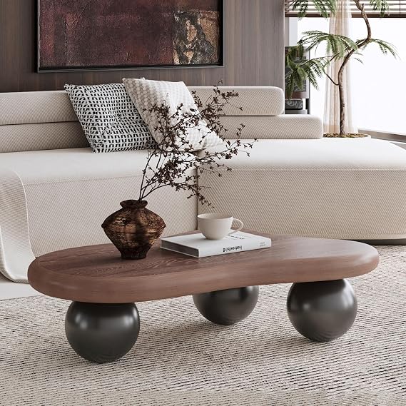 40 inch Cloud Coffee Table, Irregular Modern Low Center Table with 3 Ball Legs, Faux Stone Abstract Table for Small Space Apartment, Living Room, Brown