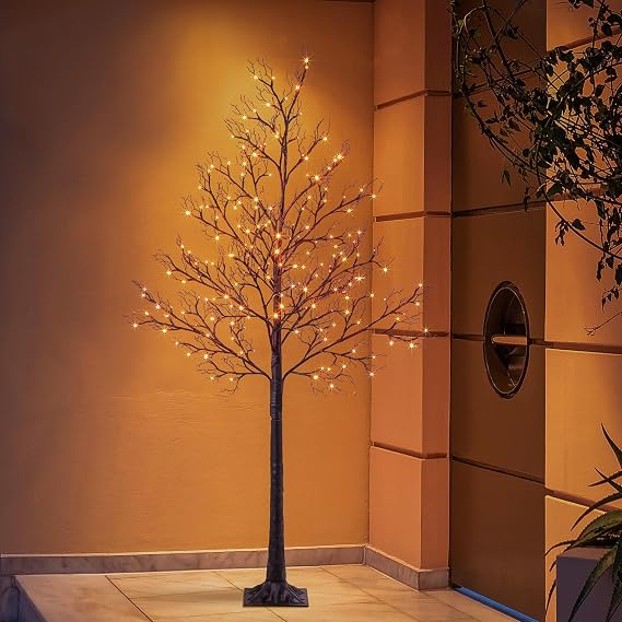 LIGHTSHARE 6FT Halloween Willow Tree 200 LED Lights Artificial Black Spooky Tree for Home, Festival, Nativity,Party, and Christmas Decoration, Indoor and Outdoor Use (Orange, 6FT)