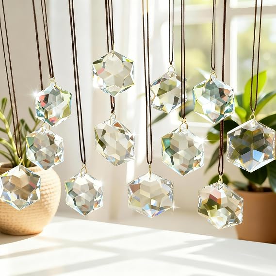 12 Pcs Clear Crystal Hexagon Suncatcher Prisms Window Hanging Decor | Clear Crystal Hexagon Sun Catcher Prisms Rainbow Maker Hanging Ornaments Set of 12 for Window Home Garden Christmas Decor