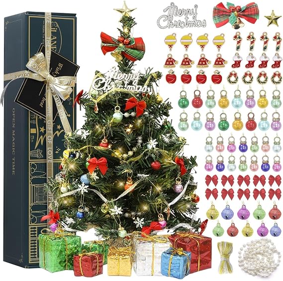iLAND Mini Christmas Tree Tabletop Small Christmas Tree 12 inch Cute Xmas Table Decoration for Office Desk Shelf Dorm Party Tiny Table Top Decor Miniature 1/6 Scale Elf Accessories Shining Xmas Gift