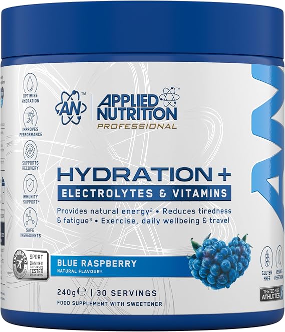 Applied Nutrition Hydration+ Electrolytes and Vitamin Powder Sugar-Free Hydration Drink Mix for Energy Recovery and Electrolyte Replenishment Blue Raspberry - 240g (30 Servings)
