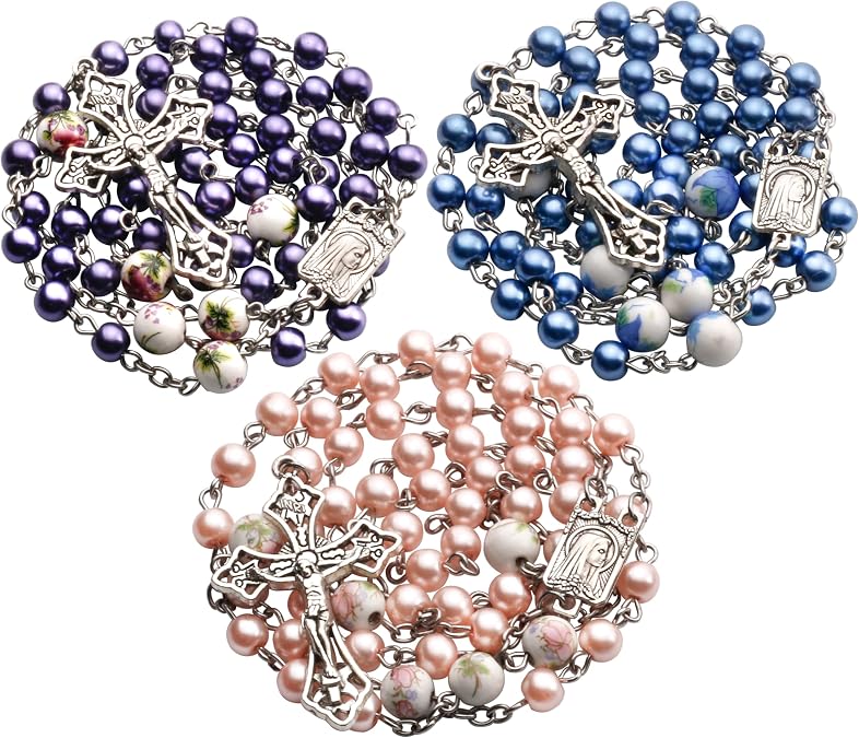 3 set 6mm Glass Pearl Beads Catholic Lourdes Rosary Necklace for Women with Gift Bag