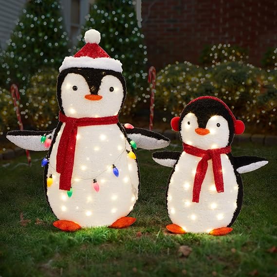 Christmas Lighted Penguin Set Decoration with 150 LED Lights | Outdoor Christmas Waterproof Plush Penguin, Pre-Lit Classic Traditional Ornament for Xmas Yard Patio Garden Front Door