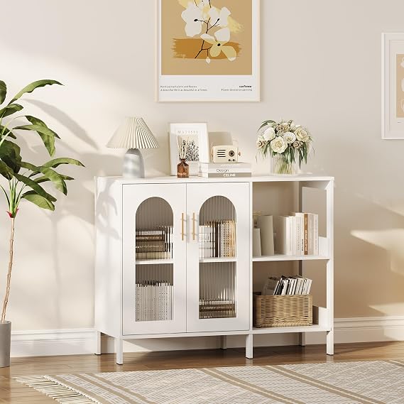 Metal Cabinet with Glass Doors Sideboard Kitchen Cabinet with 2 Doors and Open Shelves Buffet Cabinet with Adjustable Shelf Sideboard Cabinet for Kitchen Dining Room Living Room 100 x 40 x 80 cm