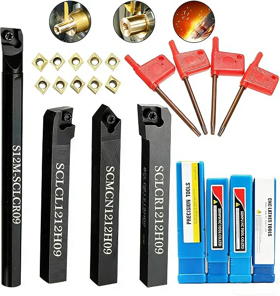 Anhoe 14Pcs Indexable Lathe Turning Tool Set, 12mm (1/2") Carbide Shank Holders (SCLCR/L & SCMCN) with 10Pcs Carbide Inserts & Wrenches, Metalworking Cutting Boring CNC Tooling Kit