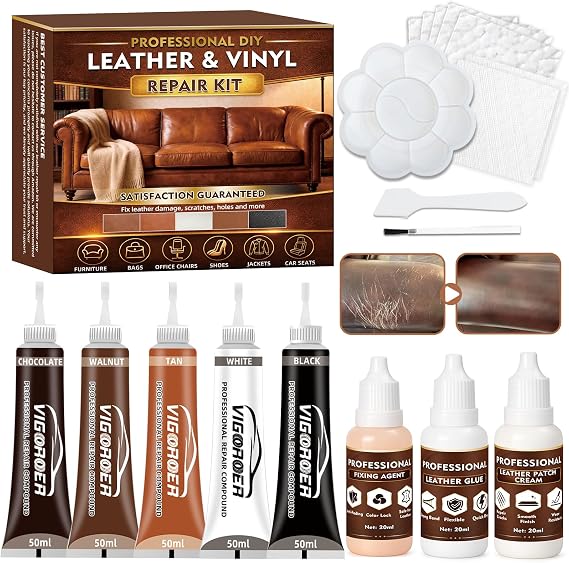 Vigorder Leather Repair Kit for Furniture, Vinyl Repair Kit - Easy DIY Solution to Fix Scratches, Tears, Holes, and Peeling