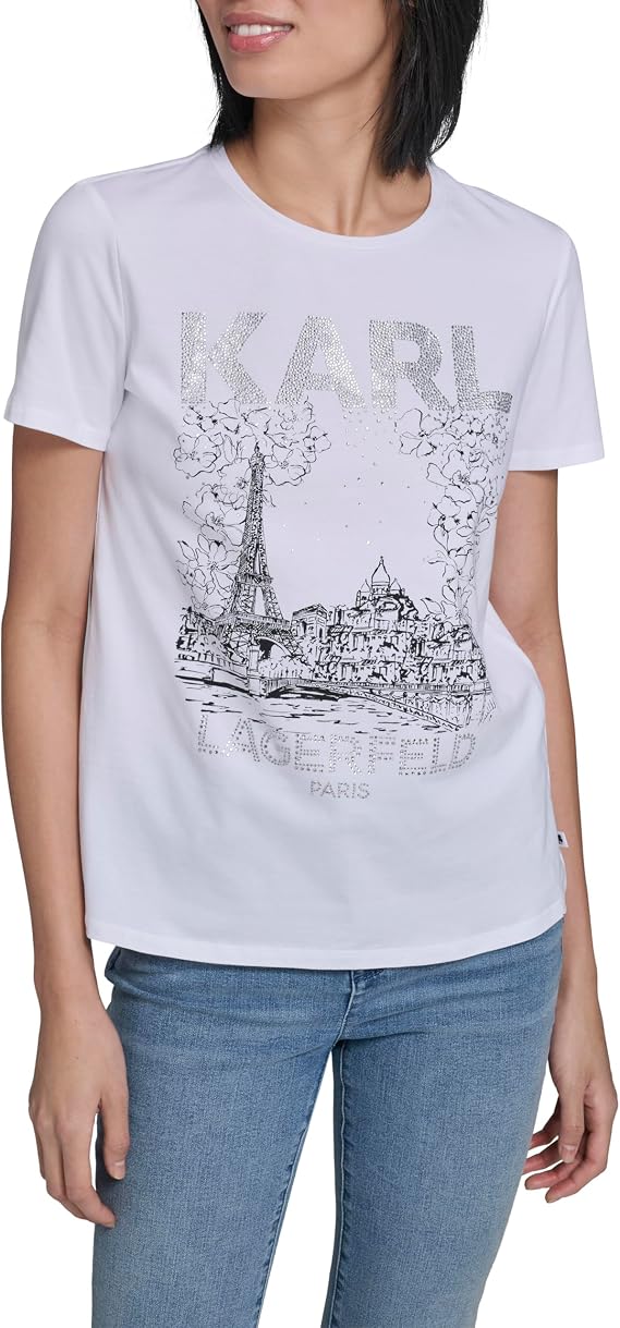 Karl Lagerfeld Women's Short Sleeve Crew Neck Paris Logo T-Shirt