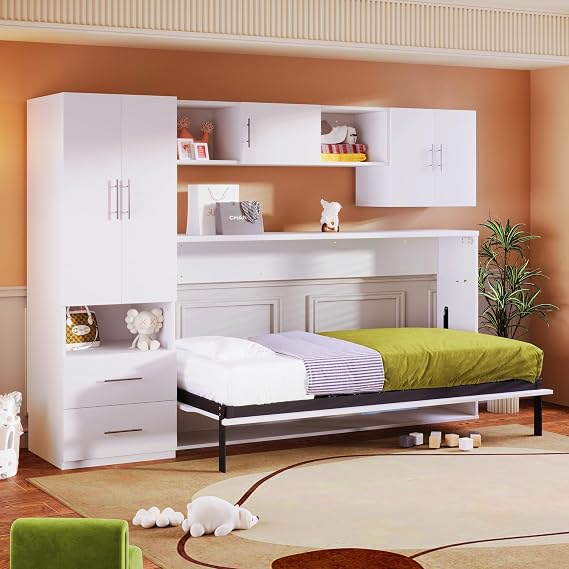 KLMM Versatile Wooden Twin Size Murphy Bed with Open Shelves and Storage Drawers,Built-in Wardrobe and Table,for Apartments Studio Guest Room Use (White@Wardrobe, Twin)